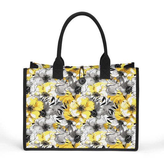 Soothing Radiance: Large Yellow and Grey Watercolor Flowers Structured Button Closure Canvas Tote Bag in 2 Sizes