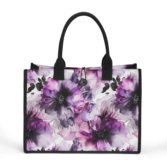 Regal Splendor: Large Purple and Grey Watercolor Flowers Structured Button Closure Canvas Tote Bag in 2 Sizes