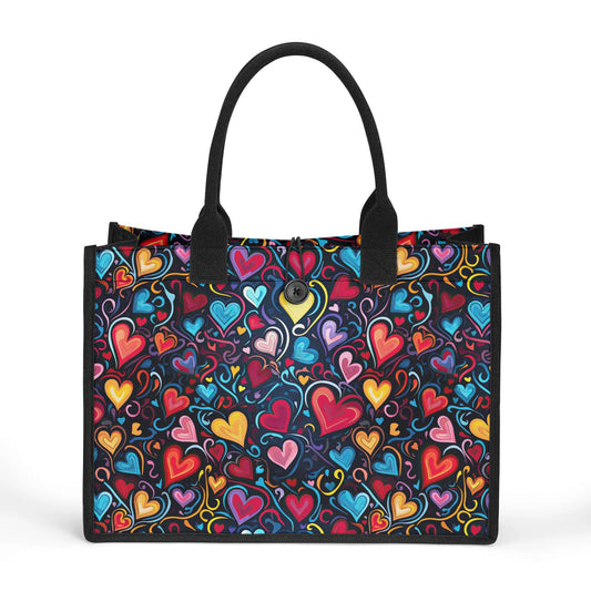 Whimsical Colorful Heart Design Structured Button Closure Canvas Tote Bag in 2 Sizes