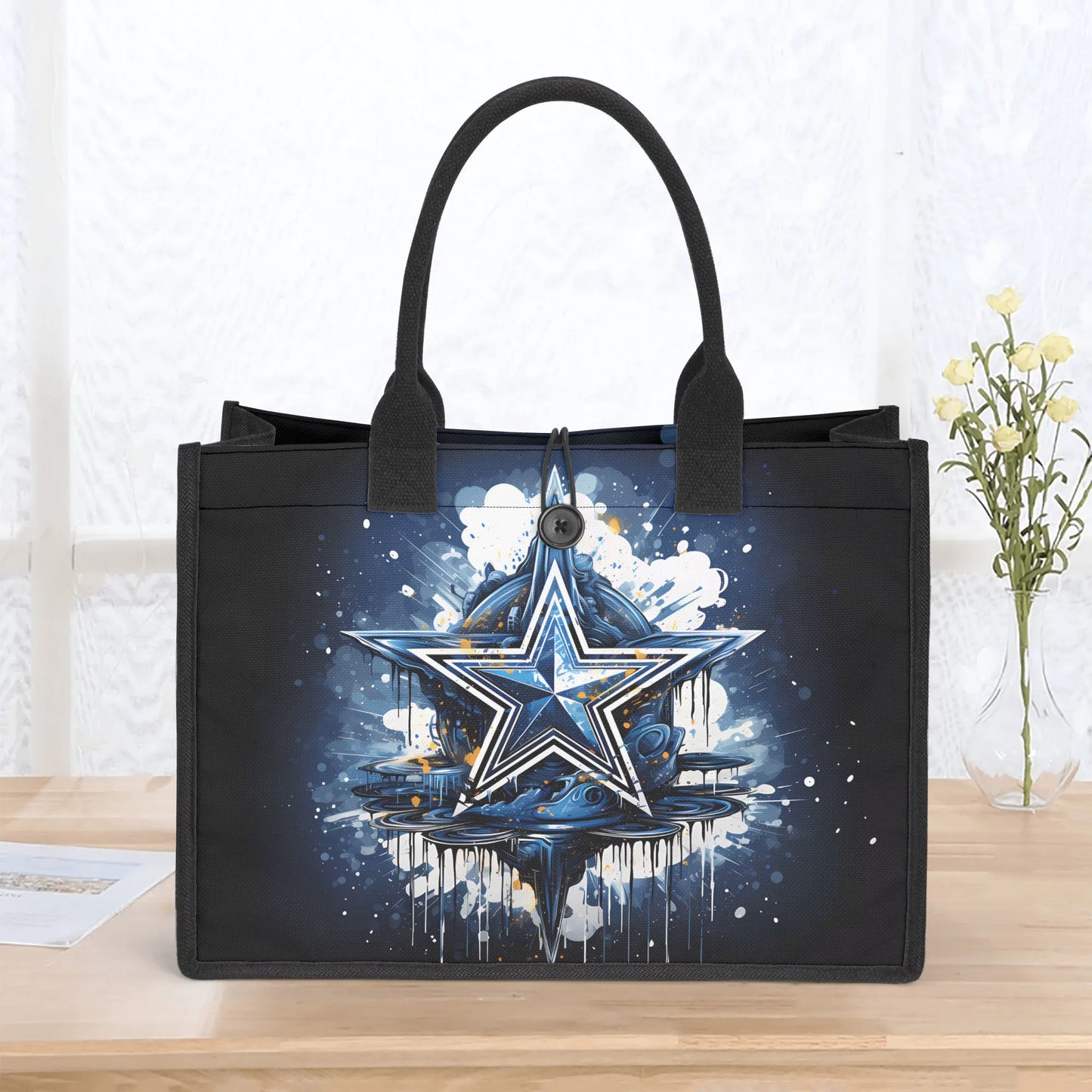 Texas Star Explosion with Water Reflection Structured Button Closure Canvas Tote Bag in 2 Sizes