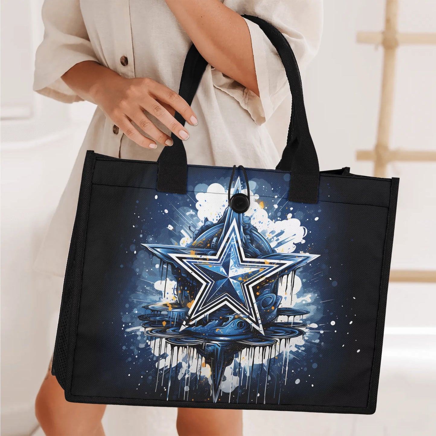 Texas Star Explosion with Water Reflection Structured Button Closure Canvas Tote Bag in 2 Sizes