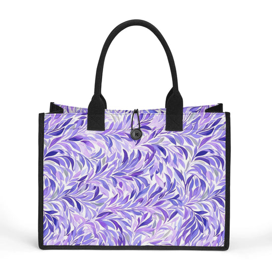 Regal Tropics Purple Watercolor Leaves Structured Button Closure Canvas Tote Bag in 2 Sizes