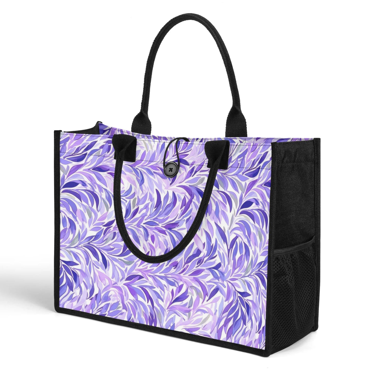 Regal Tropics Purple Watercolor Leaves Structured Button Closure Canvas Tote Bag in 2 Sizes