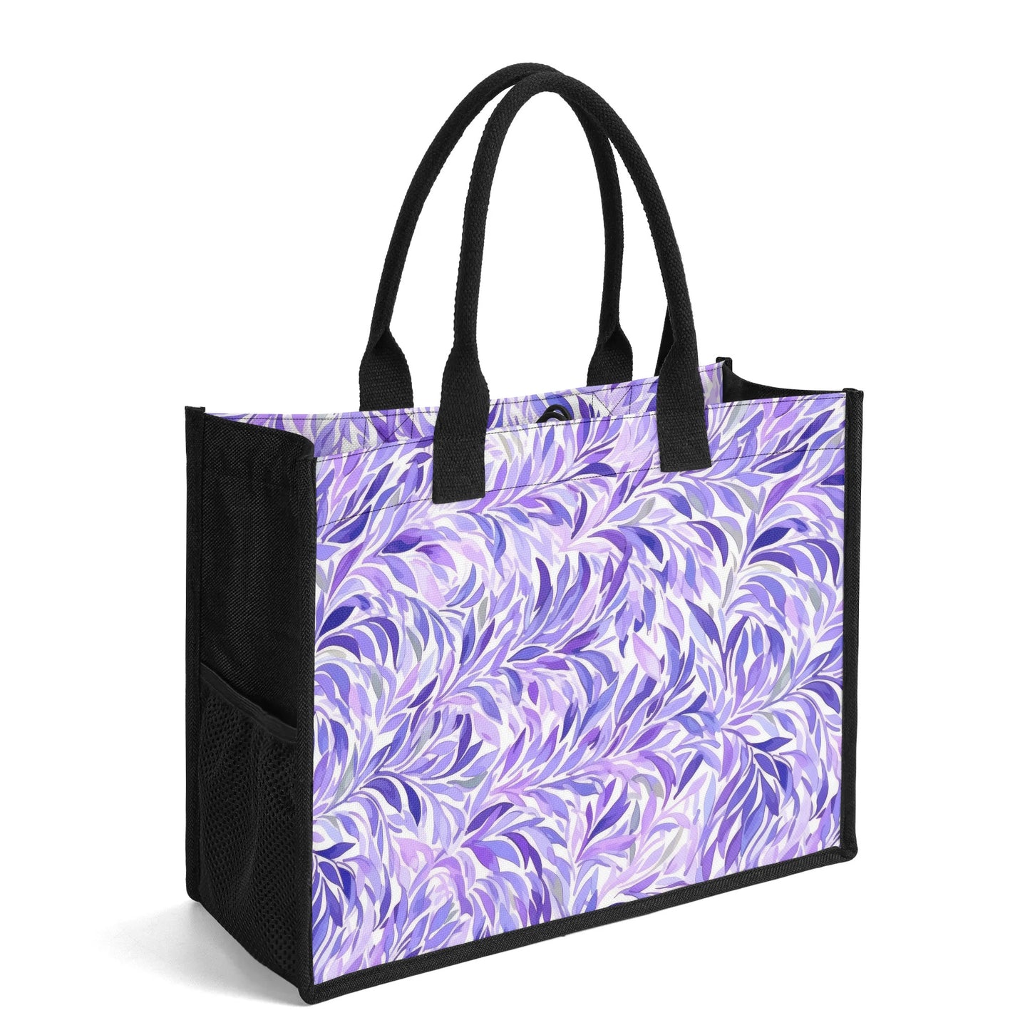 Regal Tropics Purple Watercolor Leaves Structured Button Closure Canvas Tote Bag in 2 Sizes