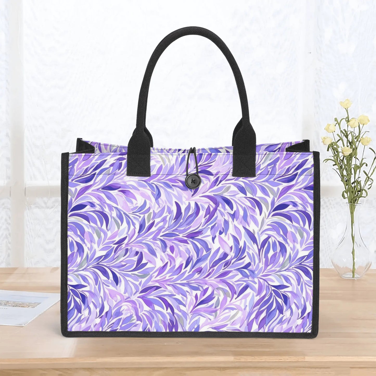 Regal Tropics Purple Watercolor Leaves Structured Button Closure Canvas Tote Bag in 2 Sizes