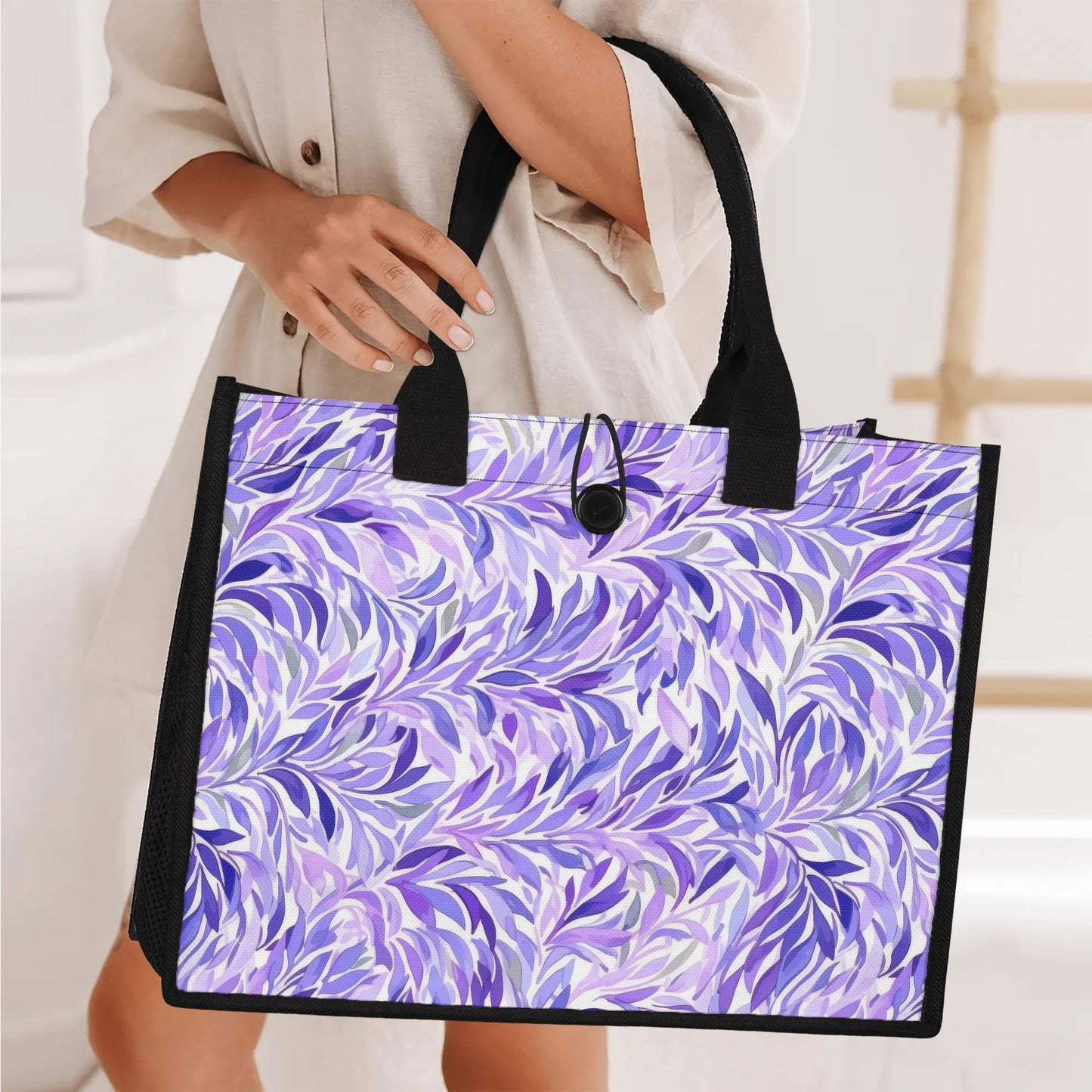 Regal Tropics Purple Watercolor Leaves Structured Button Closure Canvas Tote Bag in 2 Sizes