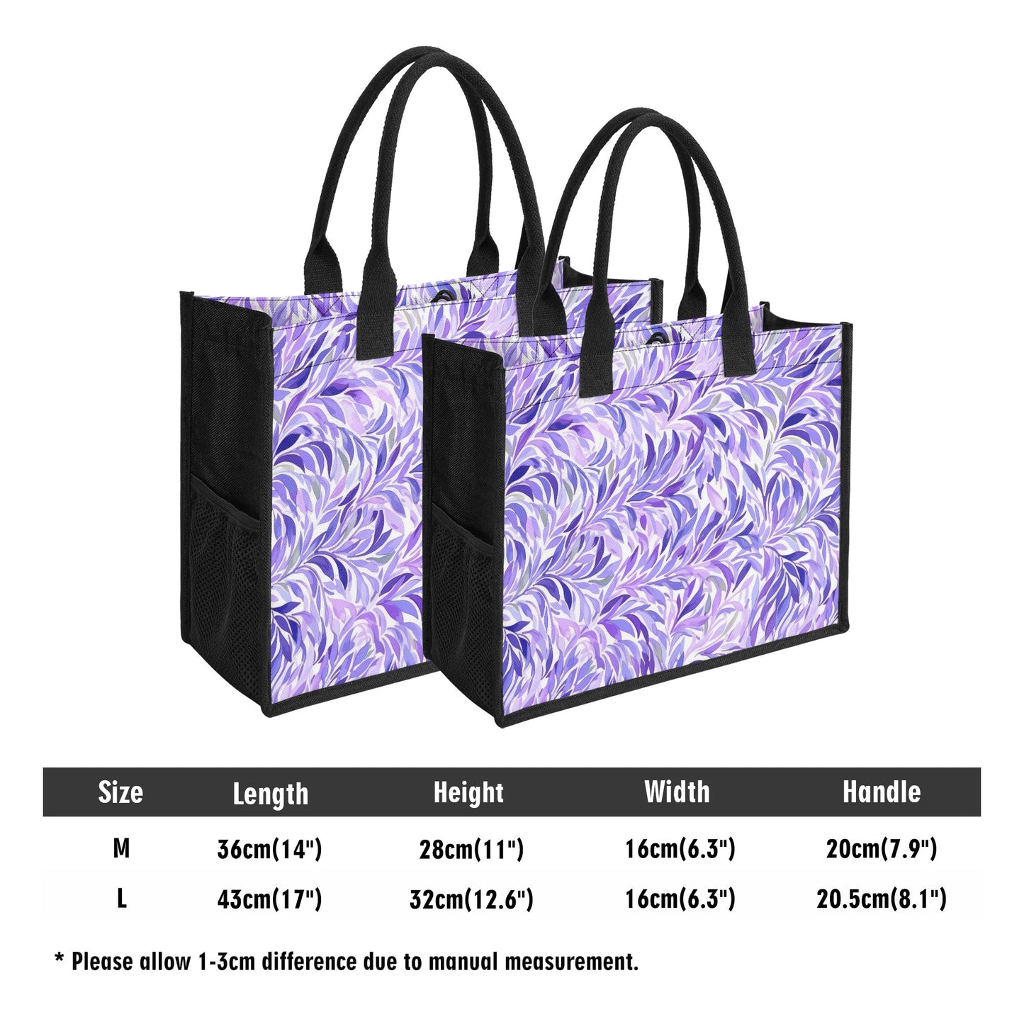 Regal Tropics Purple Watercolor Leaves Structured Button Closure Canvas Tote Bag in 2 Sizes