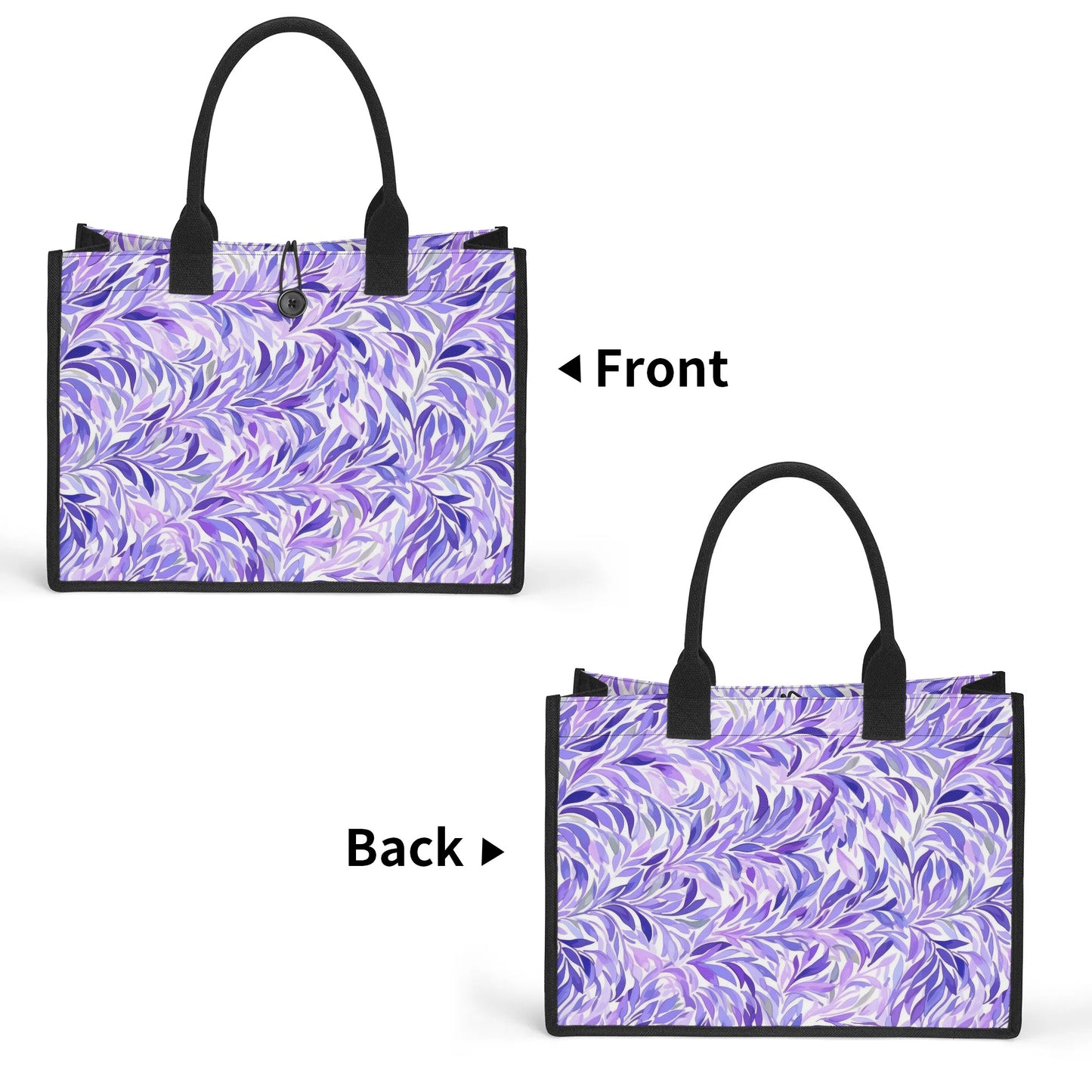 Regal Tropics Purple Watercolor Leaves Structured Button Closure Canvas Tote Bag in 2 Sizes