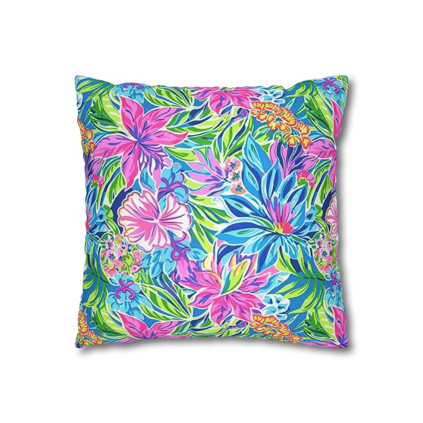 Summer Harmony: Pink and Blue Blooms with Lush Green Leaves Spun Polyester Square Pillowcase 4 Sizes