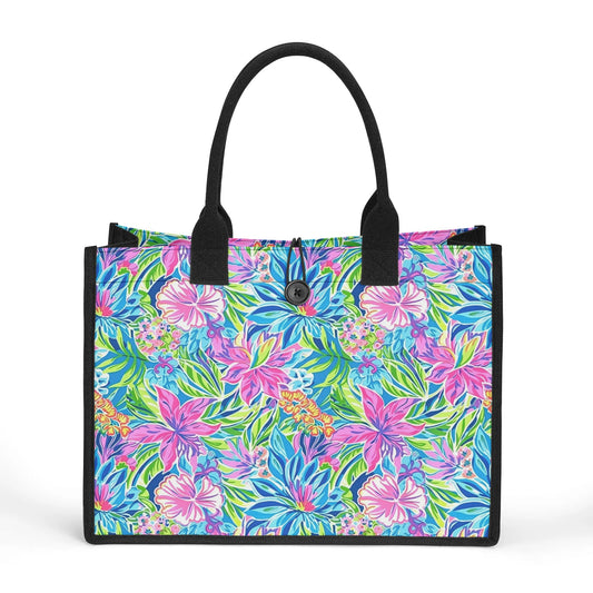 Summer Harmony: Pink and Blue Blooms with Lush Green Leaves Structured Button Closure Canvas Tote Bag in 2 Sizes