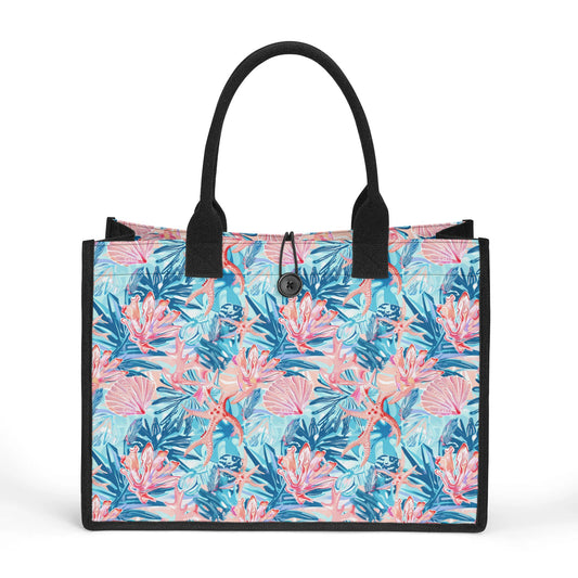 Whispering Tides: Muted Palette of Sea Coral, Sea Flowers, and Seashells Structured Button Closure Canvas Tote Bag in 2 Sizes