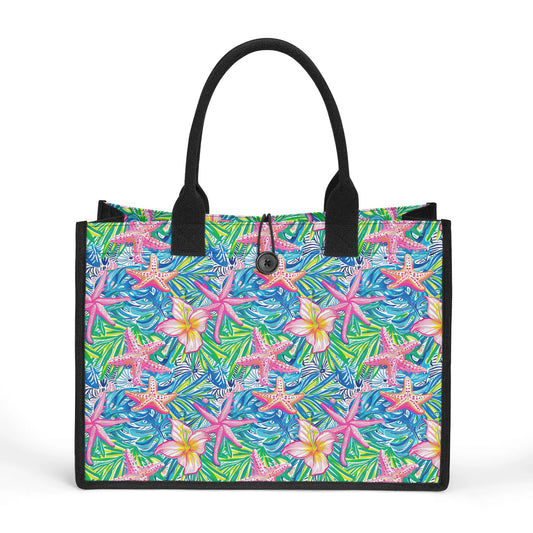 Starlit Tropics: Vibrant Hibiscus Flowers, Palm Leaves, and Starfish in a Lively Dance Structured Button Closure Canvas Tote Bag in 2 Sizes