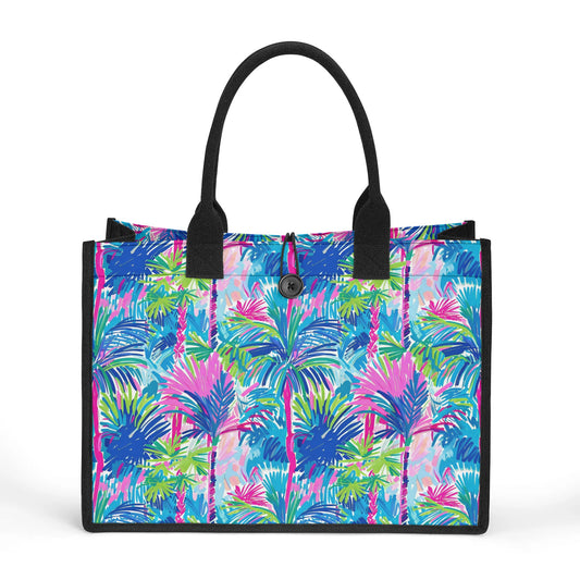 Solar Neon Palms: Brightening the Day with Neon Palm Trees Structured Button Closure Canvas Tote Bag in 2 Sizes