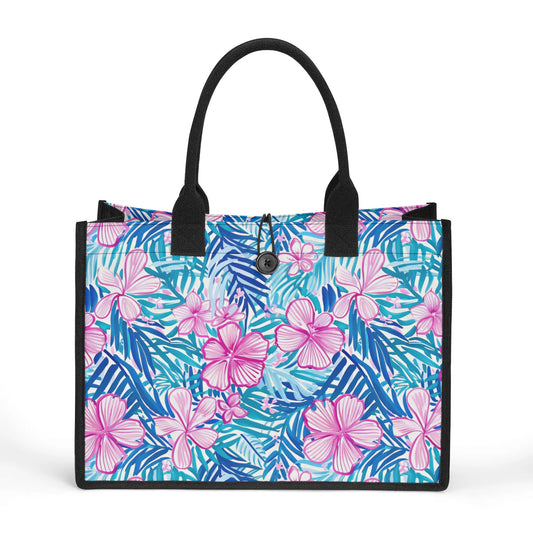 Palm Oasis Blooms: Tropical Flowers Amidst Lush Palm Leaves Structured Button Closure Canvas Tote Bag in 2 Sizes