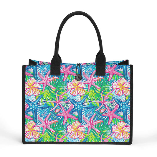 Seaside Ballet: Dancing Starfish Among Tropical Flowers Structured Button Closure Canvas Tote Bag in 2 Sizes