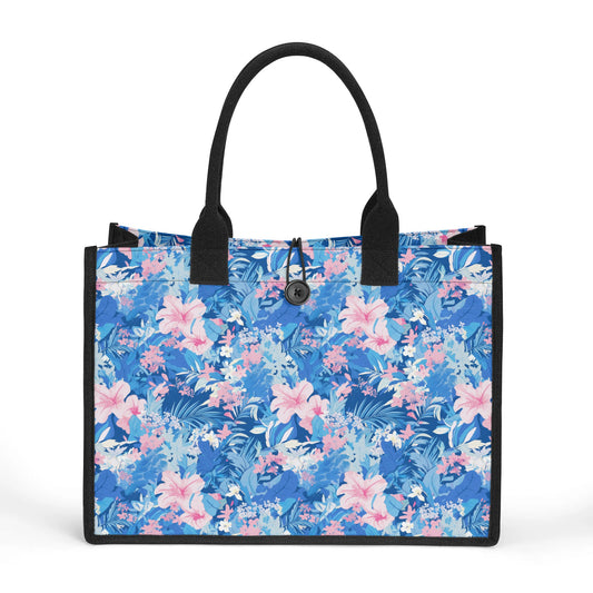 Vibrant Hibiscus Flowers Amidst Blue Leaves, Intertwined with Pink Blossoms Structured Button Closure Canvas Tote Bag in 2 Sizes