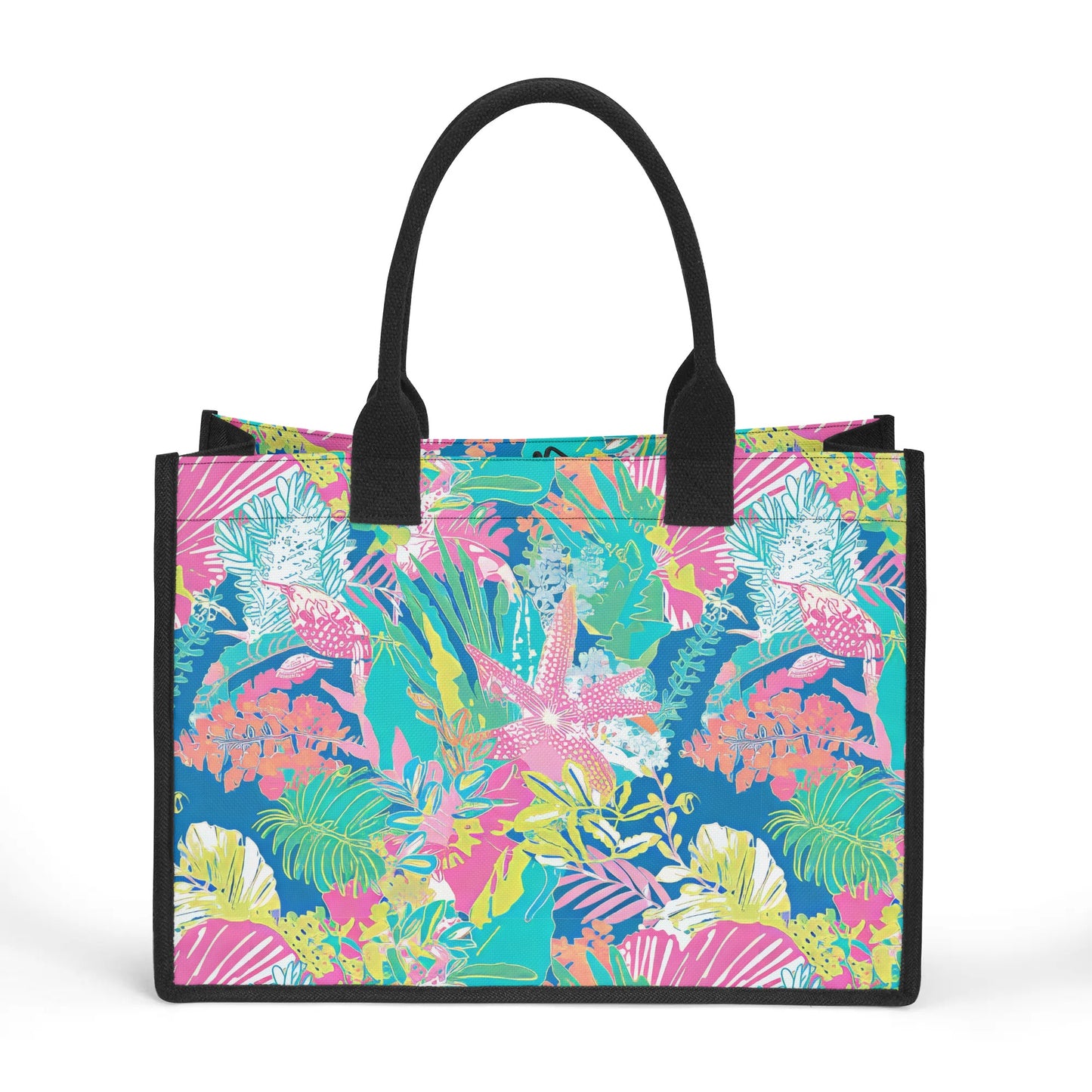 Whispering Shores: Starfish Amidst Muted Palm Leaves in Tropical Hues Structured Button Closure Canvas Tote Bag in 2 Sizes