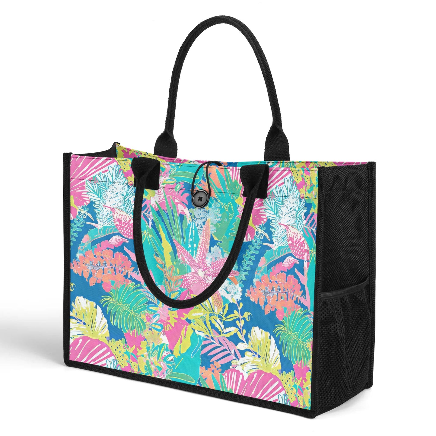 Whispering Shores: Starfish Amidst Muted Palm Leaves in Tropical Hues Structured Button Closure Canvas Tote Bag in 2 Sizes