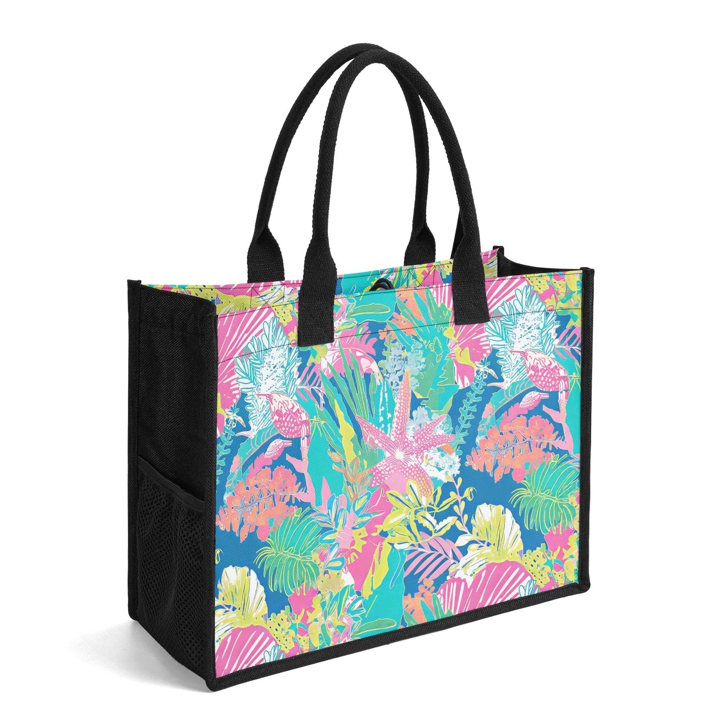 Whispering Shores: Starfish Amidst Muted Palm Leaves in Tropical Hues Structured Button Closure Canvas Tote Bag in 2 Sizes