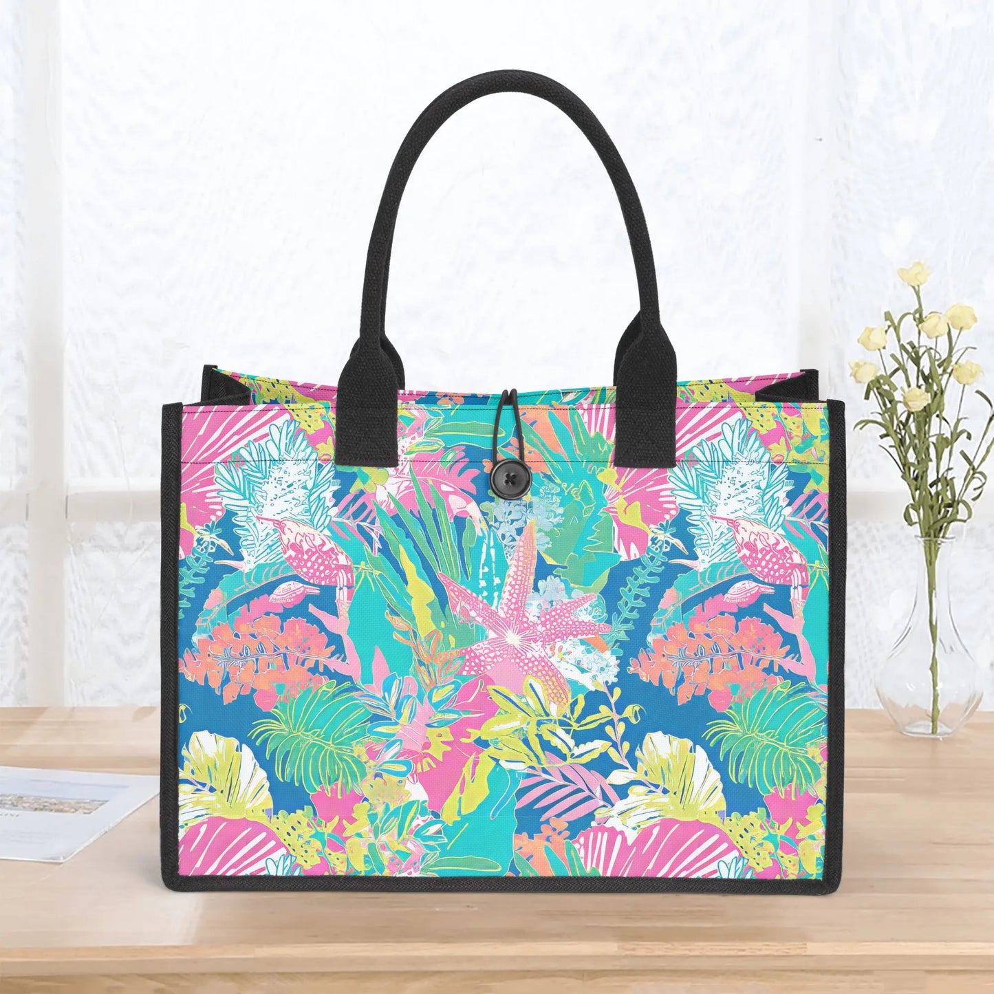 Whispering Shores: Starfish Amidst Muted Palm Leaves in Tropical Hues Structured Button Closure Canvas Tote Bag in 2 Sizes