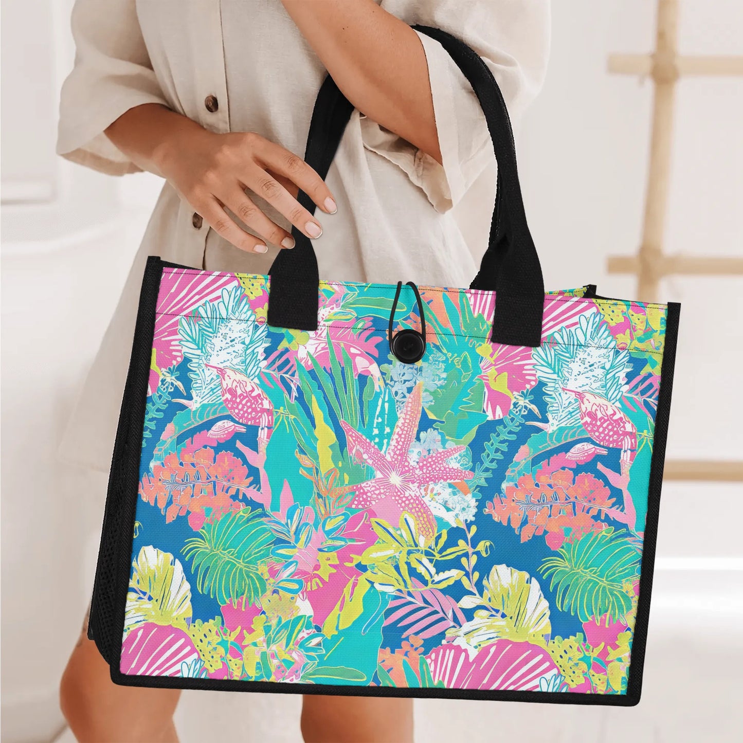 Whispering Shores: Starfish Amidst Muted Palm Leaves in Tropical Hues Structured Button Closure Canvas Tote Bag in 2 Sizes