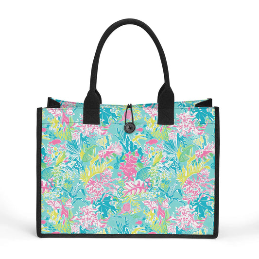 Whispering Depths: Underwater Pastels: Greens and Pinks Amongst the Flowers Structured Button Closure Canvas Tote Bag in 2 Sizes