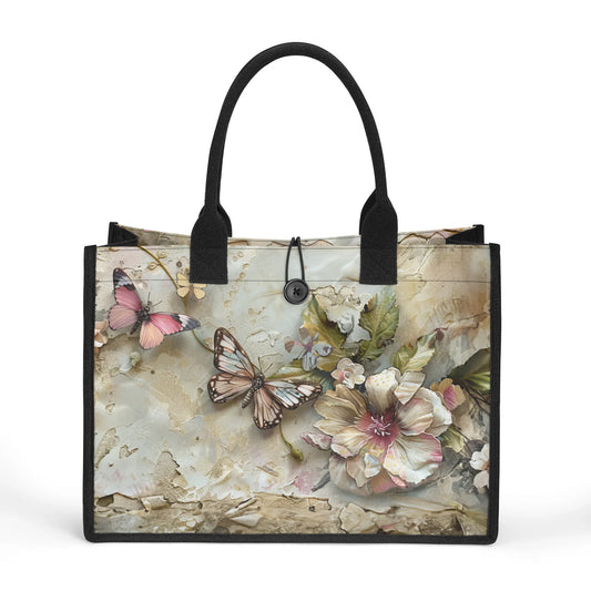 Vintage Grunge Butterflies and Flowers Structured Button Closure Canvas Tote Bag in 2 Sizes