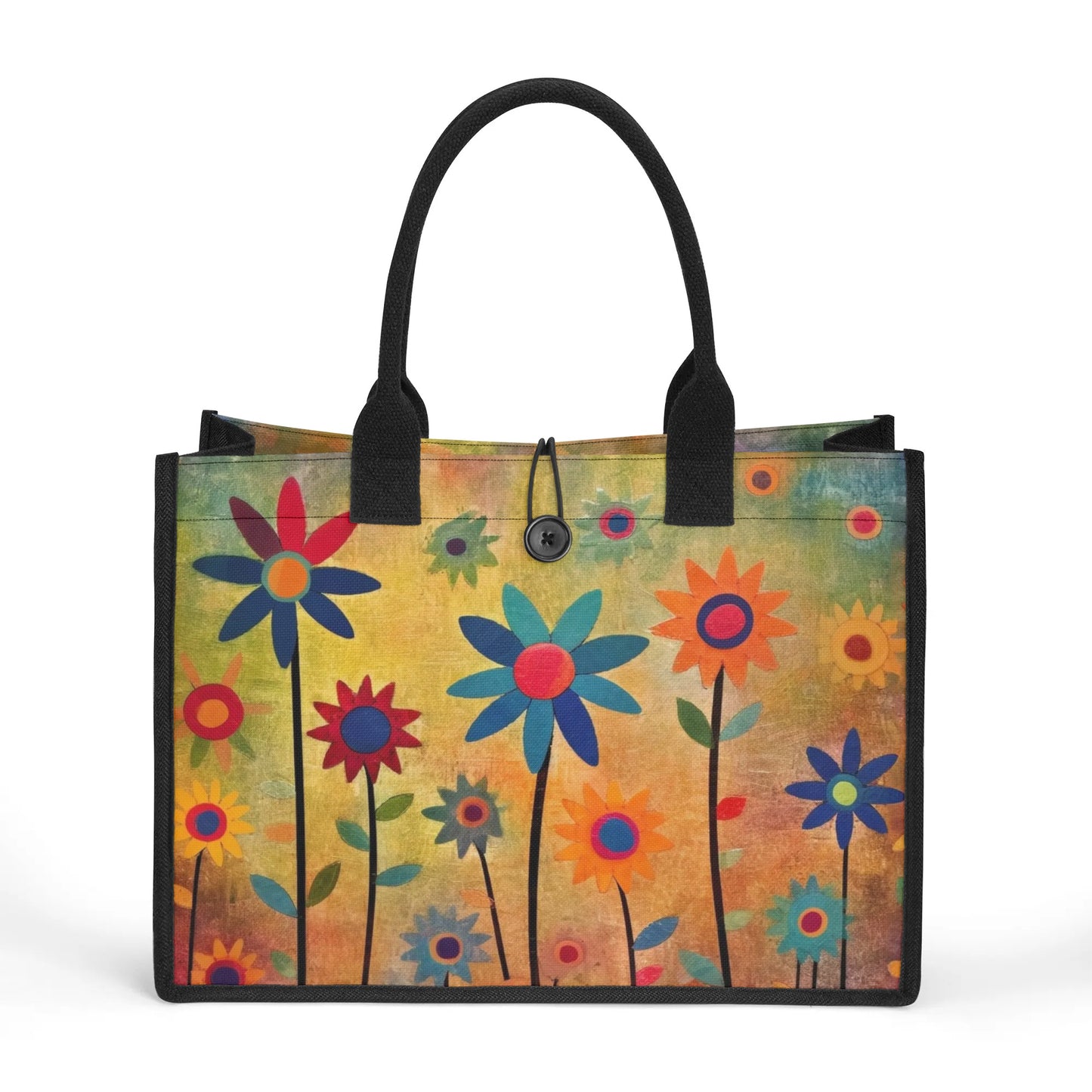 Earthy Elegance: Boho Flower Garden Structured Button Closure Canvas Tote Bag in 2 Sizes