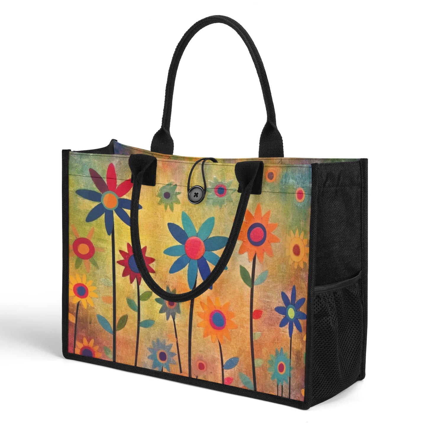 Earthy Elegance: Boho Flower Garden Structured Button Closure Canvas Tote Bag in 2 Sizes