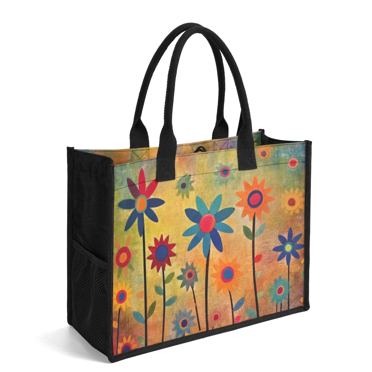 Earthy Elegance: Boho Flower Garden Structured Button Closure Canvas Tote Bag in 2 Sizes