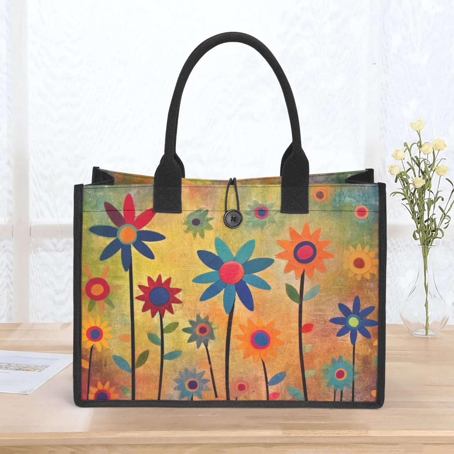 Earthy Elegance: Boho Flower Garden Structured Button Closure Canvas Tote Bag in 2 Sizes