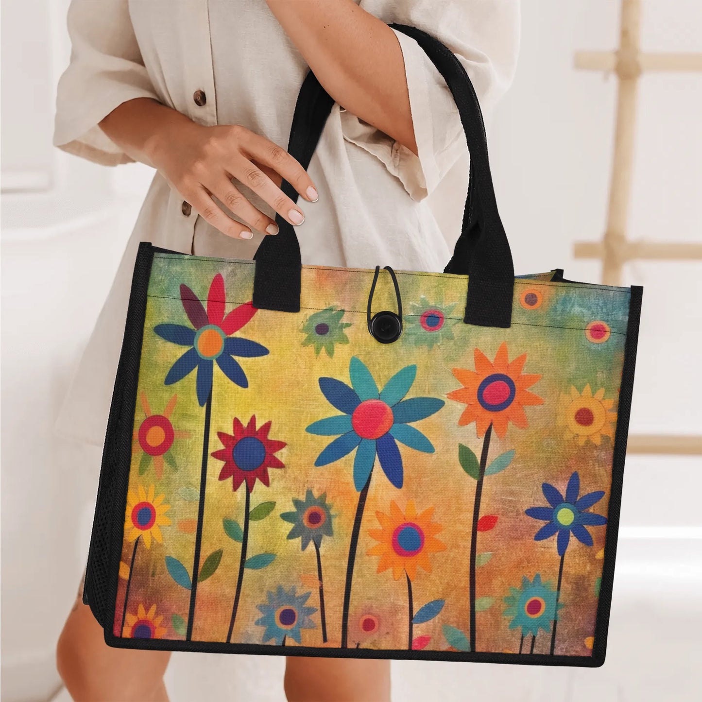 Earthy Elegance: Boho Flower Garden Structured Button Closure Canvas Tote Bag in 2 Sizes