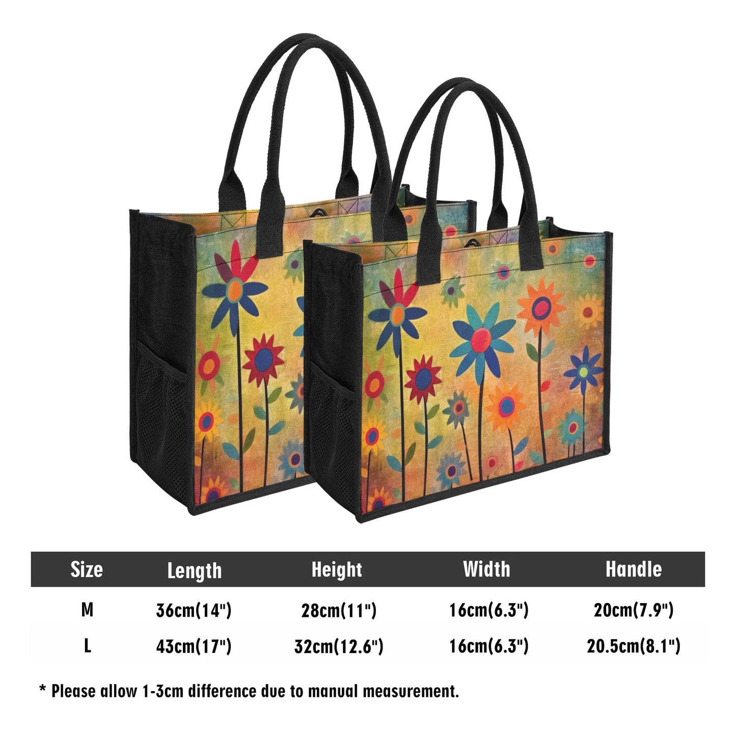 Earthy Elegance: Boho Flower Garden Structured Button Closure Canvas Tote Bag in 2 Sizes