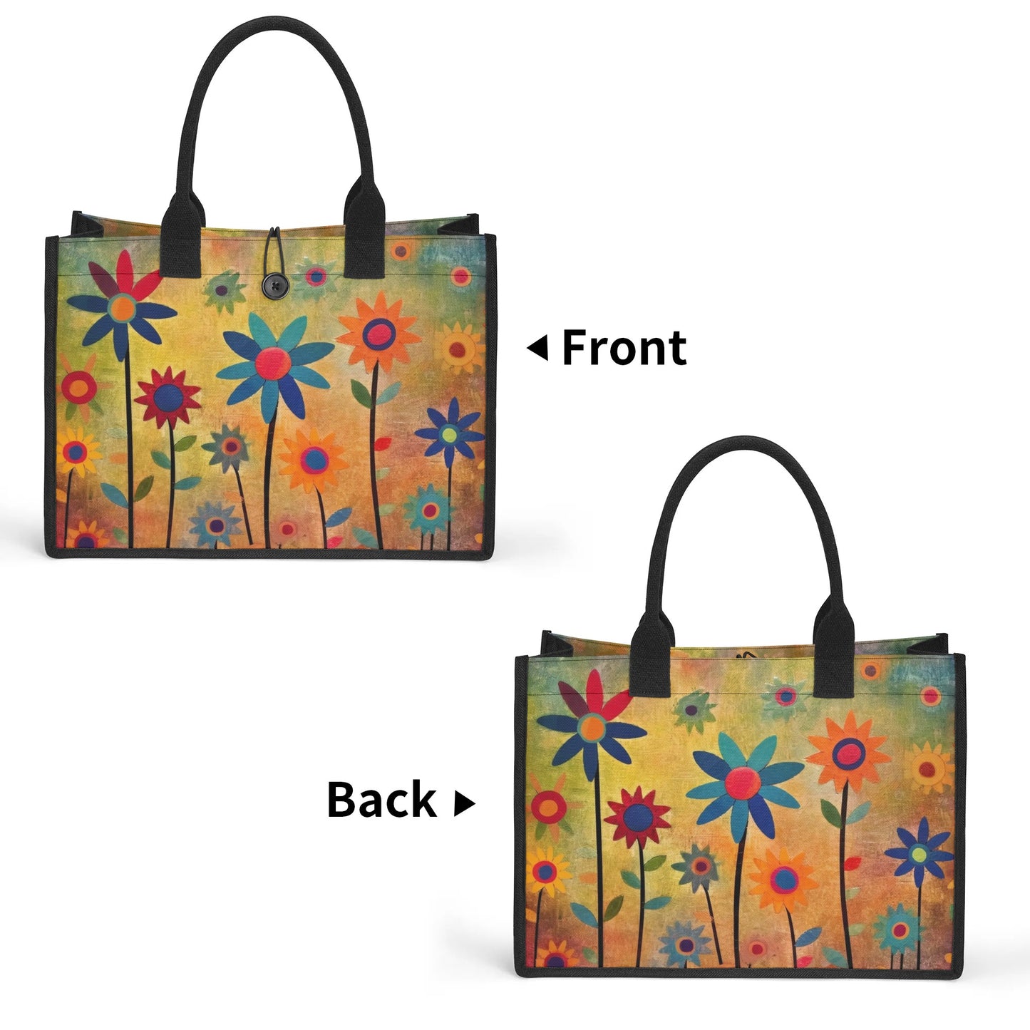 Earthy Elegance: Boho Flower Garden Structured Button Closure Canvas Tote Bag in 2 Sizes