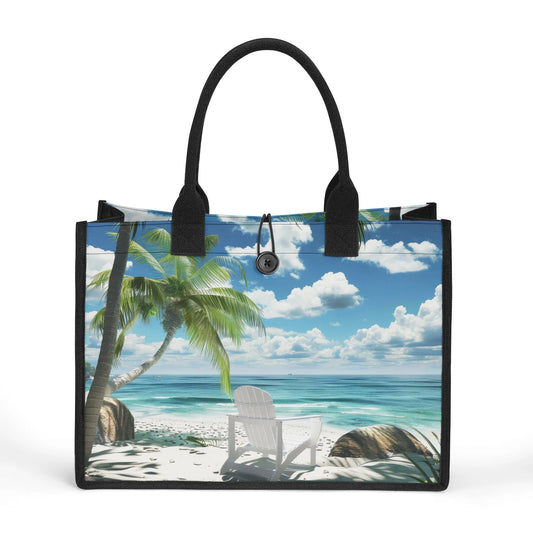 Seaside Serenity Sitting Under Palm Trees Structured Button Closure Canvas Tote Bag in 2 Sizes