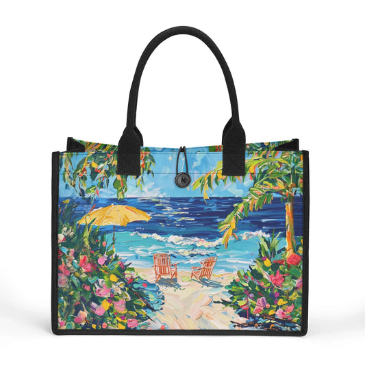 Coastal Dreamscape: Abstract Watercolor Palm Trees, Flowers, and Ocean Waves Structured Button Closure Canvas Tote Bag in 2 Sizes