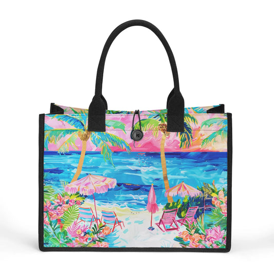 Sunset Retreat: Vibrant Watercolor Palms, Beach Chairs, and Ocean Waves with Surrounding Blooms Structured Button Closure Canvas Tote Bag in 2 Sizes