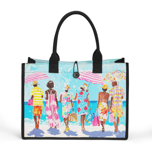 Caribbean Canvas: Abstract Watercolor of Couples on the Beach, Vibrant in Colorful Attire Structured Button Closure Canvas Tote Bag in 2 Sizes