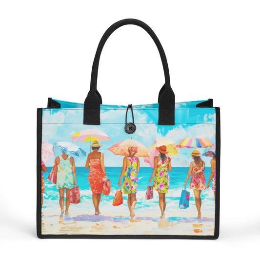 Blooms and Breezes: Women in Floral Beach Attire, Under Colorful Umbrellas, by the Seashore Structured Button Closure Canvas Tote Bag in 2 Sizes