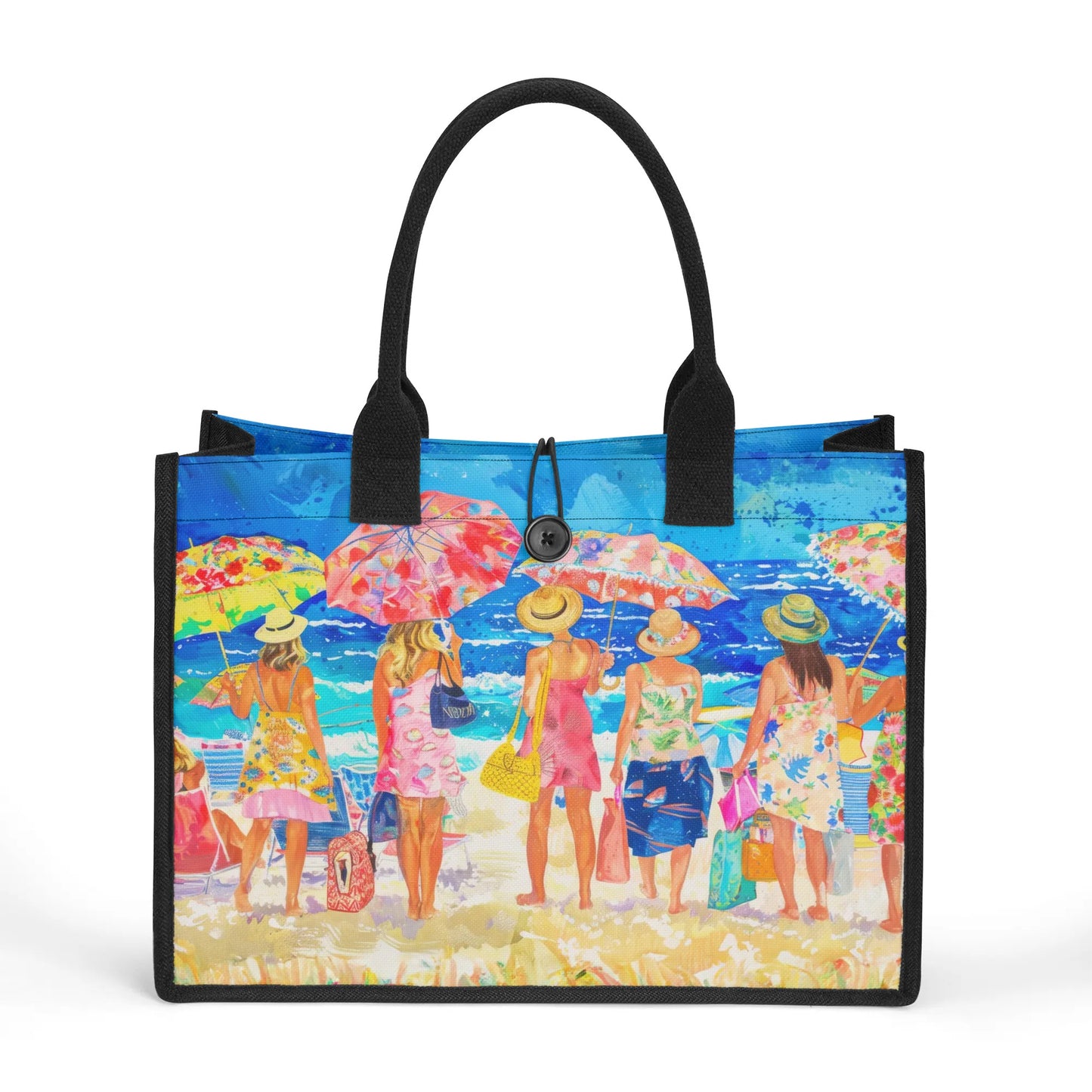 Floral Beach Soirée: Women at the Beach with Umbrellas and Floral Beach Attire Structured Button Closure Canvas Tote Bag in 2 Sizes