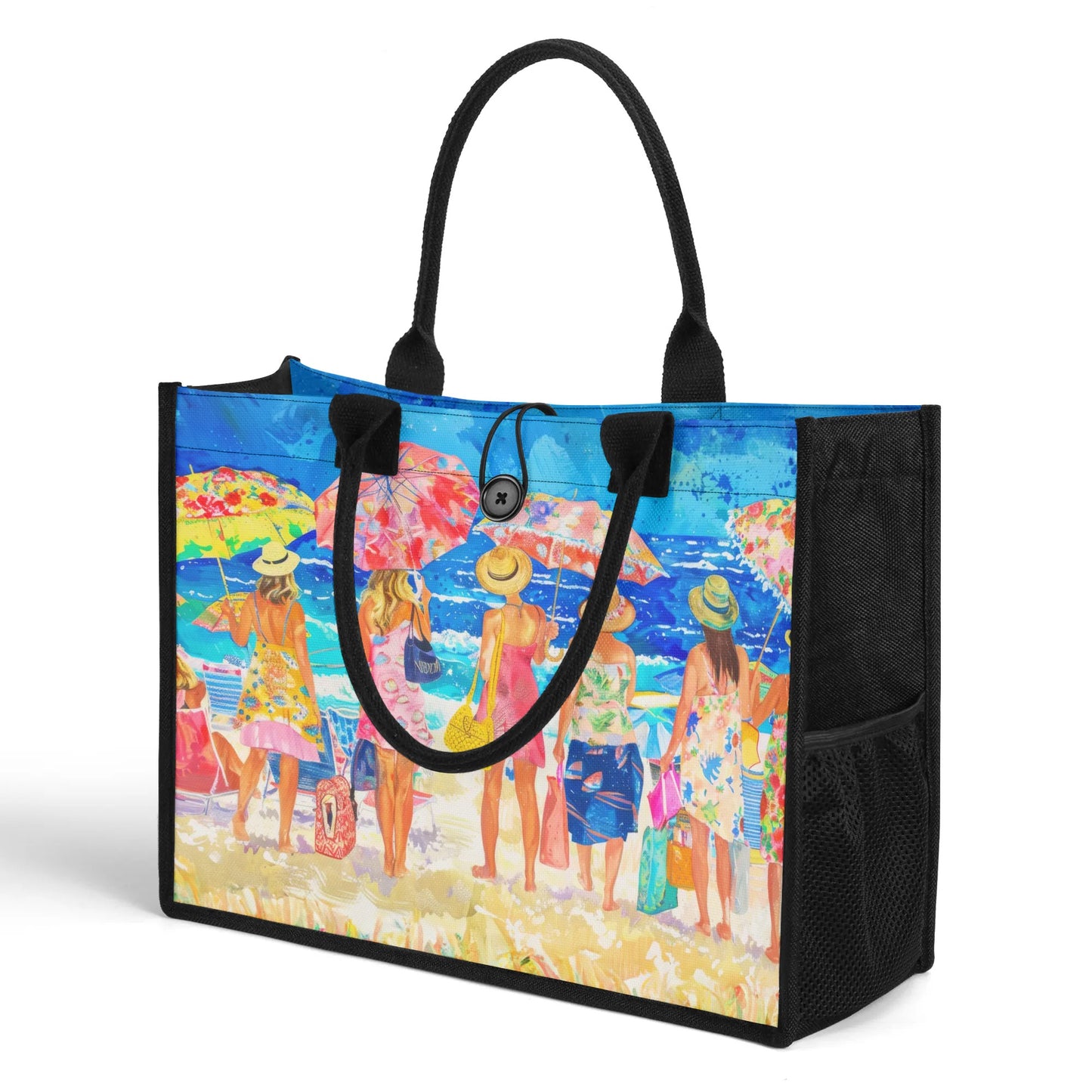 Floral Beach Soirée: Women at the Beach with Umbrellas and Floral Beach Attire Structured Button Closure Canvas Tote Bag in 2 Sizes