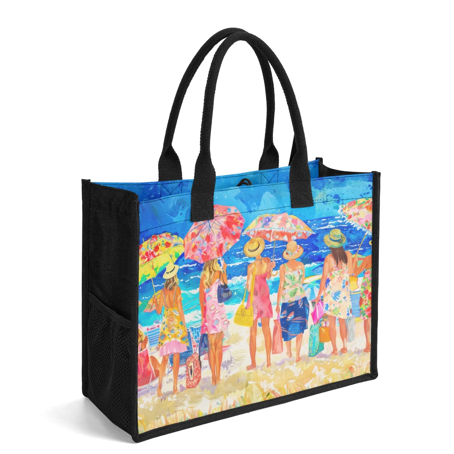 Floral Beach Soirée: Women at the Beach with Umbrellas and Floral Beach Attire Structured Button Closure Canvas Tote Bag in 2 Sizes