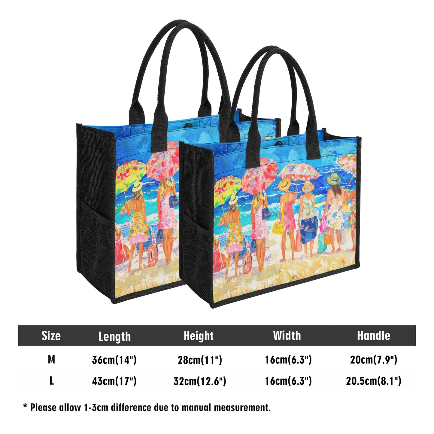 Floral Beach Soirée: Women at the Beach with Umbrellas and Floral Beach Attire Structured Button Closure Canvas Tote Bag in 2 Sizes