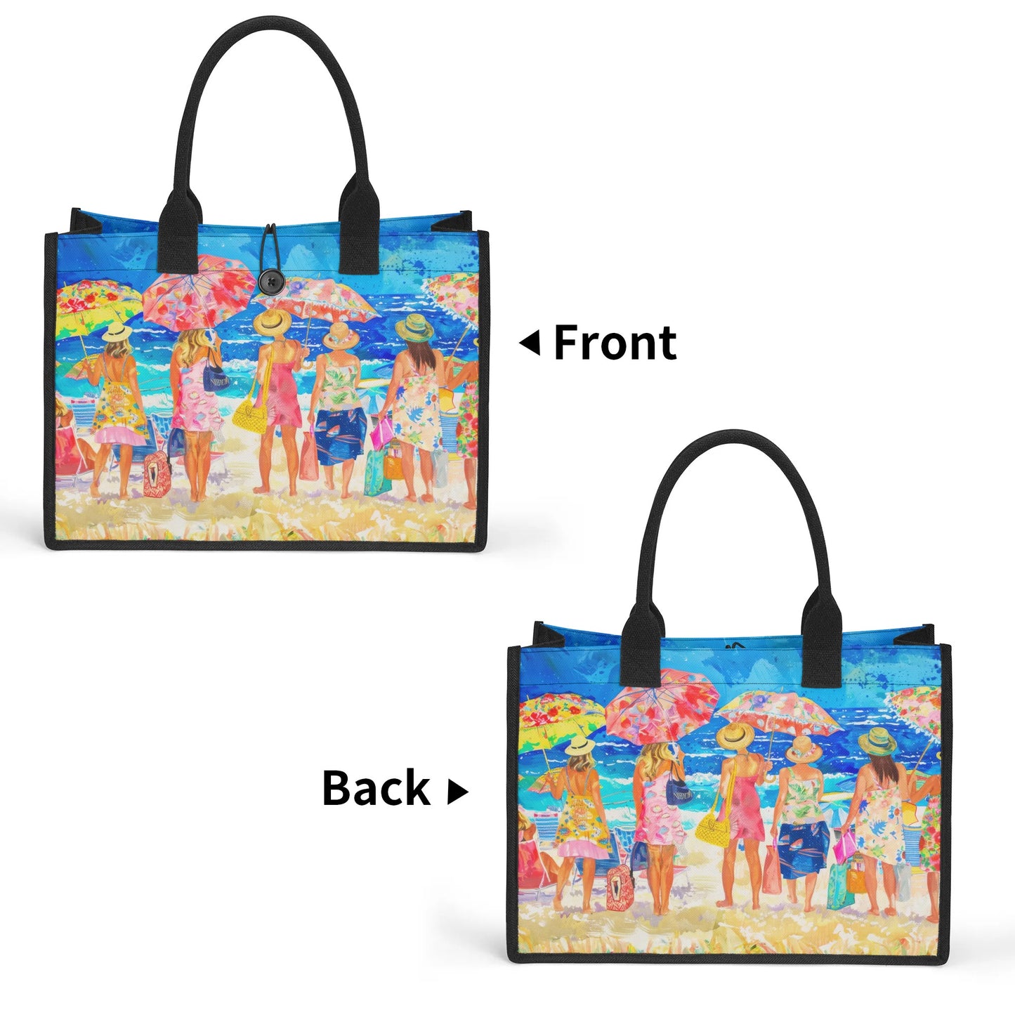 Floral Beach Soirée: Women at the Beach with Umbrellas and Floral Beach Attire Structured Button Closure Canvas Tote Bag in 2 Sizes