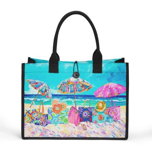 Seaside Kaleidoscope: Vibrant Bags and Umbrellas Dotting the Beach, Ocean as the Backdrop Structured Button Closure Canvas Tote Bag in 2 Sizes