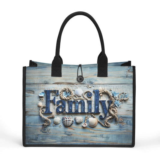 Family Embraced by Sea Shells and Nautical Elements on Weathered Wood Structured Button Closure Canvas Tote Bag in 2 Sizes