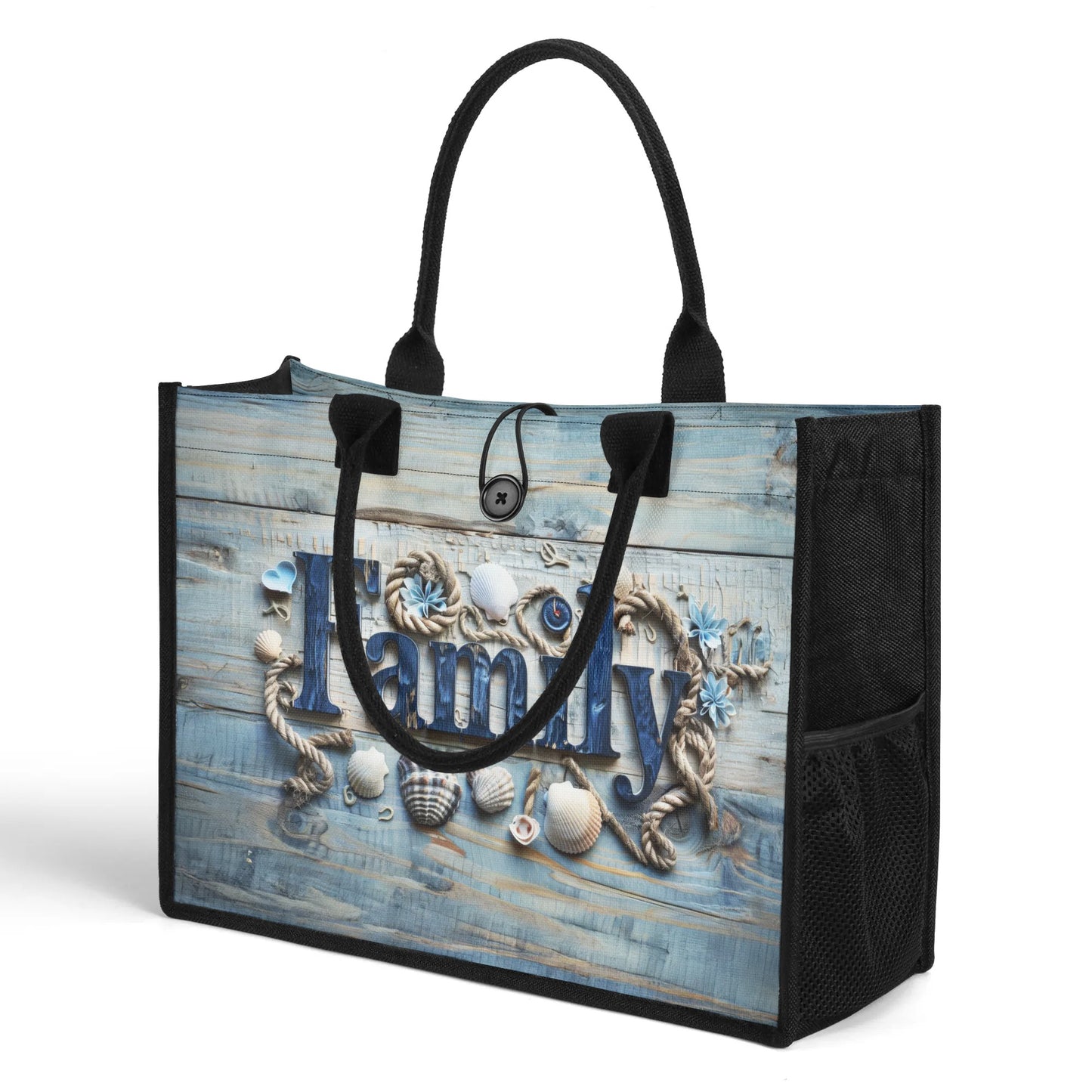 Family Embraced by Sea Shells and Nautical Elements on Weathered Wood Structured Button Closure Canvas Tote Bag in 2 Sizes