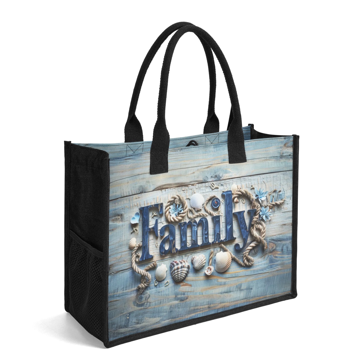 Family Embraced by Sea Shells and Nautical Elements on Weathered Wood Structured Button Closure Canvas Tote Bag in 2 Sizes