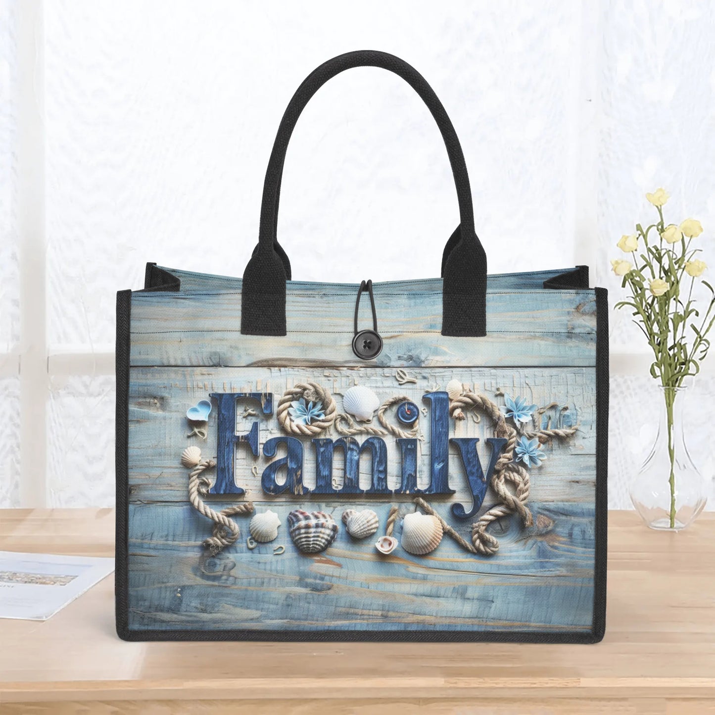 Family Embraced by Sea Shells and Nautical Elements on Weathered Wood Structured Button Closure Canvas Tote Bag in 2 Sizes