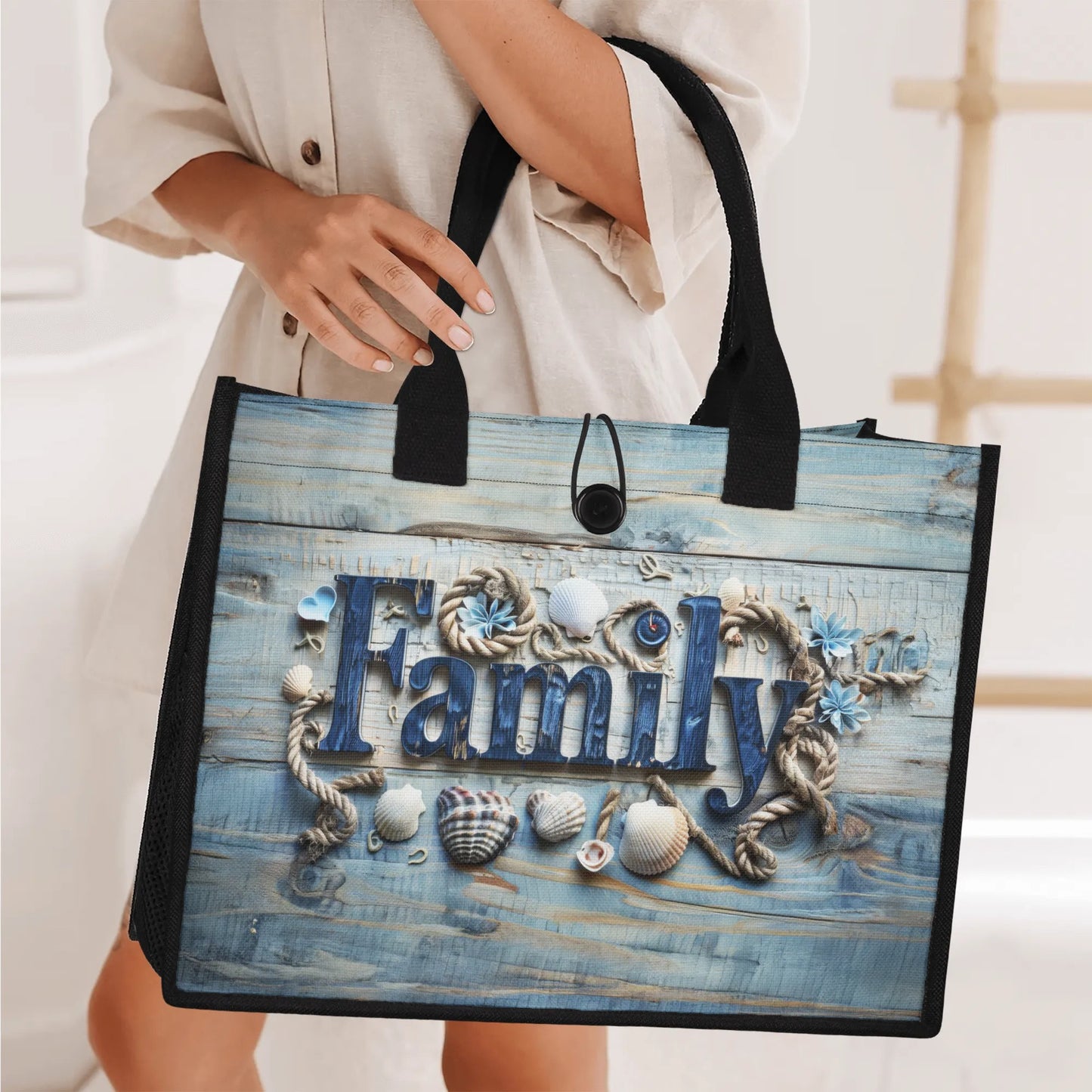 Family Embraced by Sea Shells and Nautical Elements on Weathered Wood Structured Button Closure Canvas Tote Bag in 2 Sizes